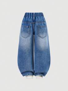 SHEIN Cute Heart Embroidered Loose Fit Distressed Denim Wide Leg Jeans, Suitable For Daily Wear And School - Medium Wash - View 2