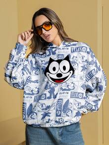 Felix The Cat X SHEIN Áo sweatshirt nữ dáng rộng in họa tiết toàn thân, vai rớt, thích hợp cho mùa thu. - Màu xanh lam - Xem 4