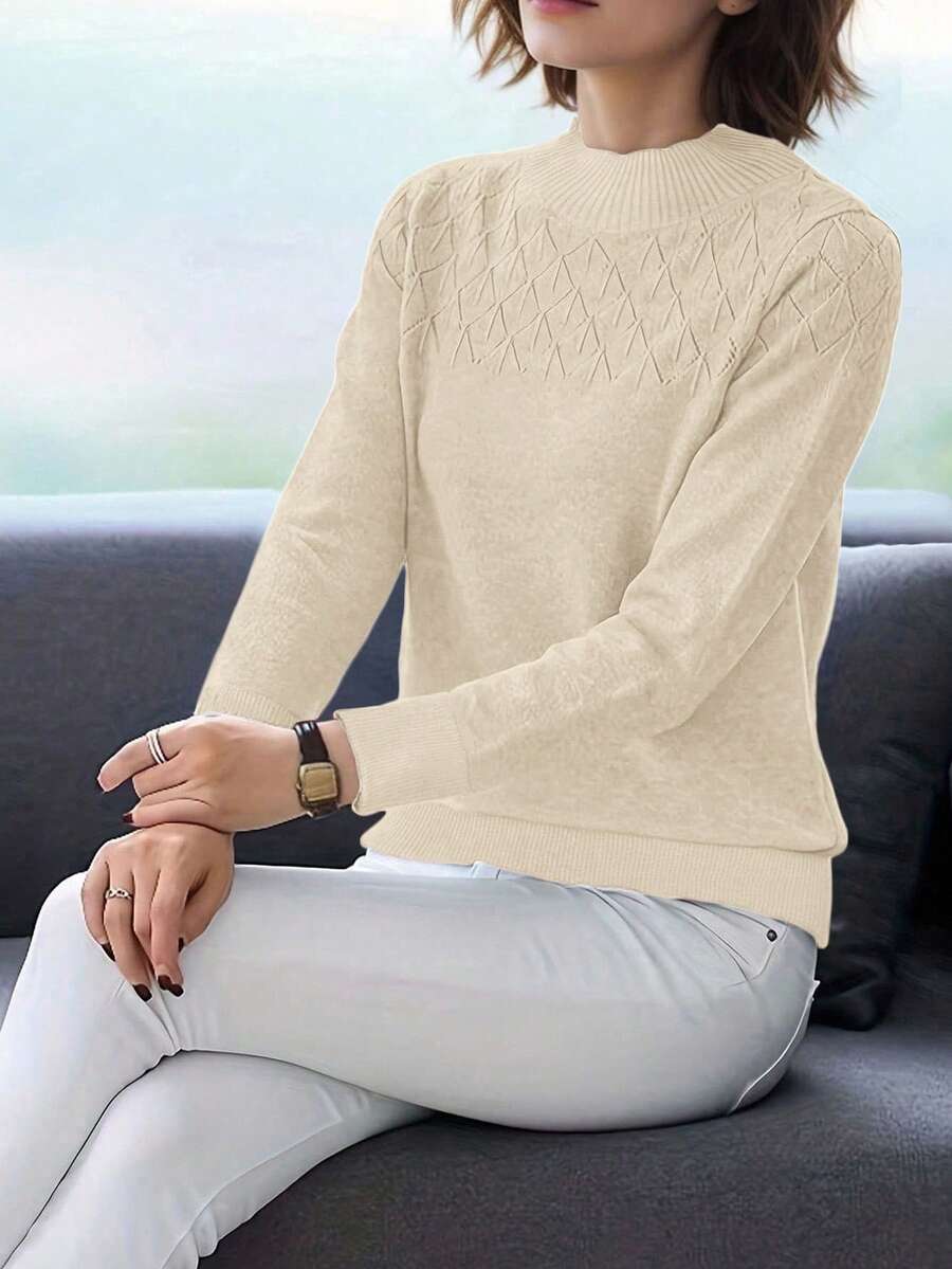 EMERY ROSE 蓝色纯色长袖休闲毛衣，针织套头衫，秋冬款 - 卡其色 - 查看 1