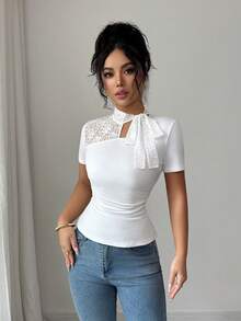 Elenzga Elegant Contrast Lace Hollow Bow Tie Short Sleeve T-Shirt - White - View 6
