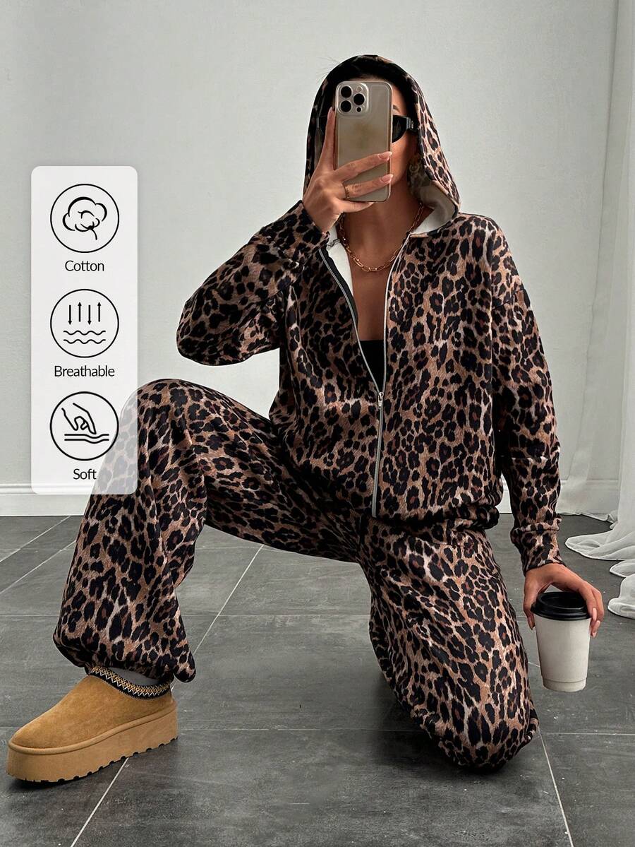 EURMUSE Women Leopard Printed Zipper Hooded Sweatshirt And Sweatpant Two Pieces Set - Brown - View 1