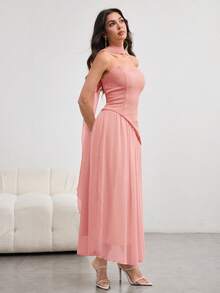 Modelyn 女士不对称荷叶边下摆抹胸连衣裙，优雅迷人，浅黄色，春夏珊瑚色正式连衣裙，蜜桃色连衣裙，夏季优雅露肩正式连衣裙 - 藕粉色 - 查看 6