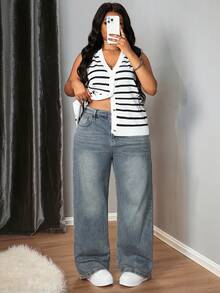 Truni Plus Size Y2k Loose Fit Street Style Sexy Washed Wide-Leg Jeans, Back To School, Teacher Fall Women Baggy Boyfriend Jeans, For Pear & Triangle Body Shape