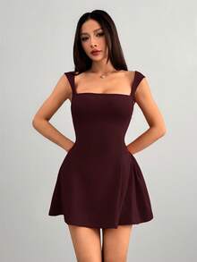 SHEIN PETITE 女士约会派对纯色红色迷你A字领丰满方领性感优雅收腰连衣裙 - 玫瑰紅 - 查看 6