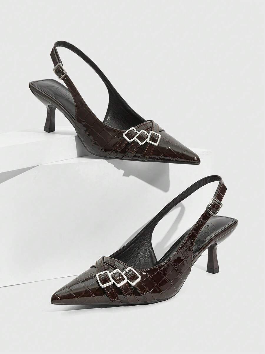 CUCCOO SZL Pointed Toe Stiletto Strap Leopard Print High Heels Ladies Fashion Shoes BURGUNDY Heels Spring Shoes Spring Break Easter Valentine's Day - Chocolate Brown - View 1