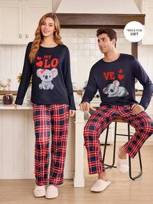 CoupledUp Couple 1set Casual Cute Koala Animal Print Plaid Long Sleeve Pajama Set, Autumn Loungewear, Winter Clothes Couples Matching Pajamas Set 2 Piece Pj Set Cute Pjs Set Couple Pajama Sleep Wear Set - Multicolor - View 7