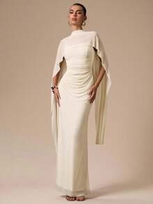 SHEIN BAE Apricot Women's Shawl Cover Up Paired With Tight Ruched Fitted Mermaid Dress, Apricot Elegant Dress Suitable For Cocktail Party, Romantic Date, Gathering, Formal Event, Bridesmaid Dress, Summer Dress, Tea Party Dress, Christmas Dress, New Year, Valentine's Day - Apricot - View 4