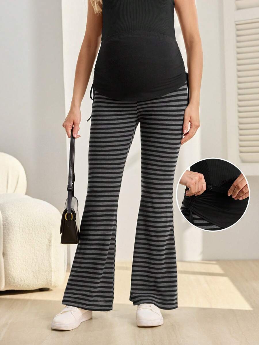 SHEIN Maternity Striped Print Casual Pants - Dark Grey - View 1