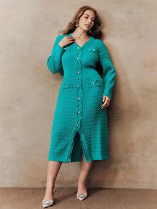 Anewsta Peacock Green Fitted Long Sleeve Sweater Dress, Plus Size - Green - View 5