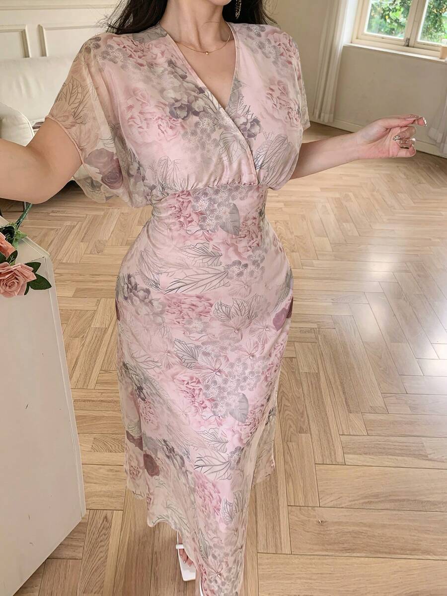 DAZY 女士优雅V领长连衣裙,夏季长款连衣裙 - 粉色 - 查看 1