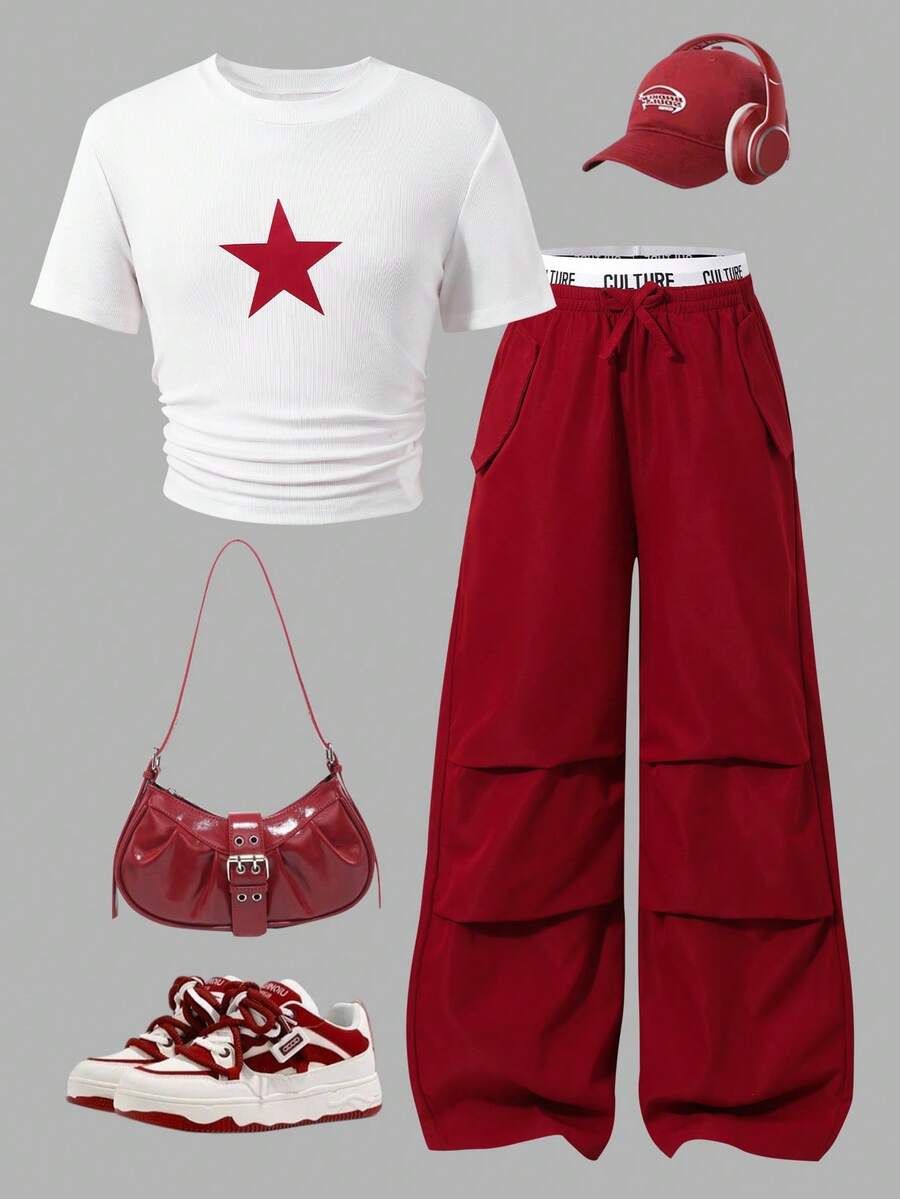 SHEIN 2pcs/Set Tween GirlsAmerican Style Graphic T-Shirt And Cargo Pants Set, Fashion Versatile, Suitable For Spring/Summer, School, Casual, Vacation - Red - View 1