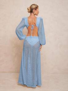 Lumalex Vestido con espalda cruzada, cintura ceñida y falda acampanada para mujer - Azul - Ver 2