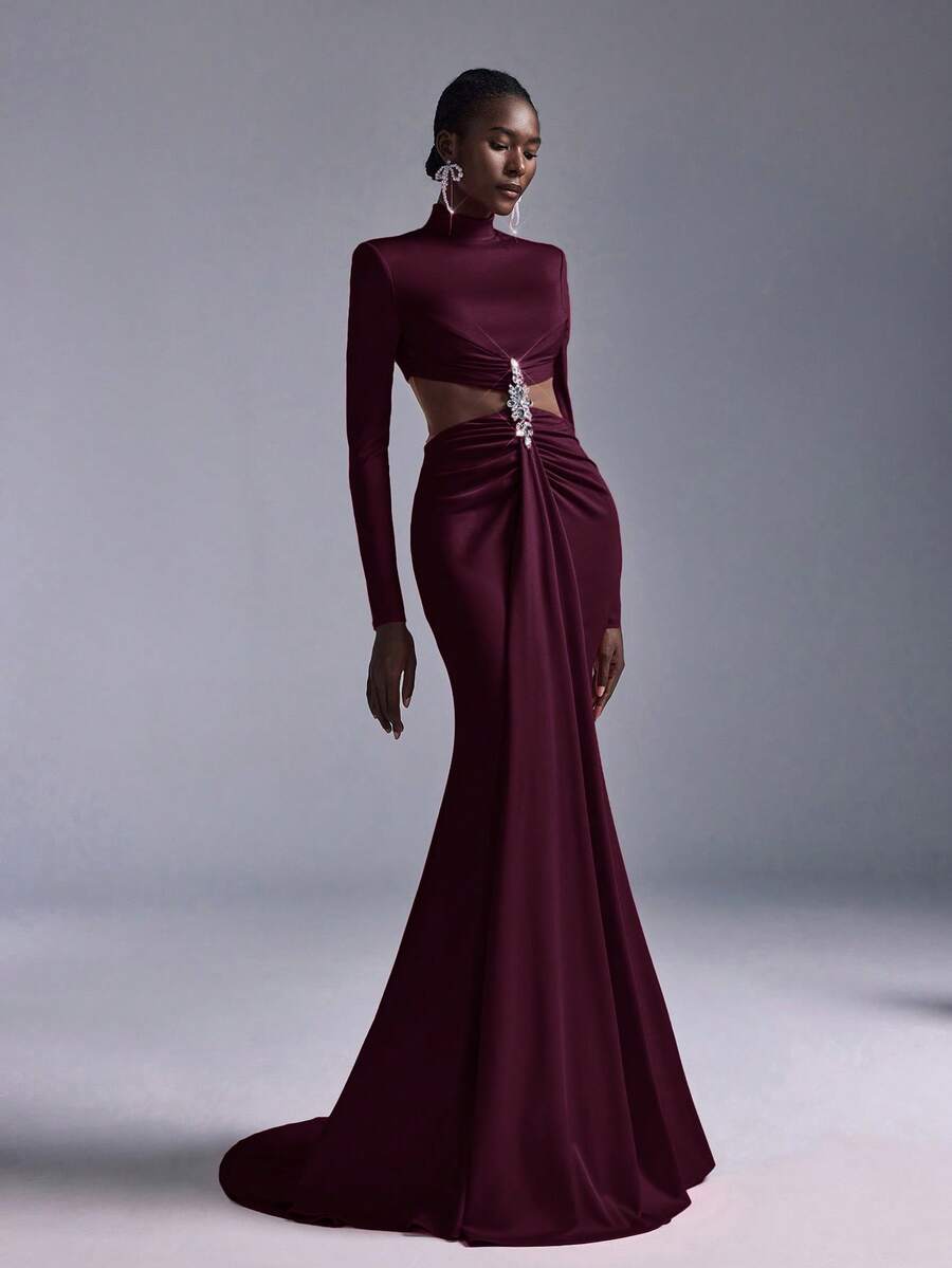 Elitara Minimalist Red Rhinestone Embellished Mermaid Maxi Dress, Suitable For Attending Formal Parties, Gatherings And Ladies' Formal Gala - Purple - View 1