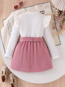 SHEIN Elladie kids 2pcs/Set Tween Girls Casual Solid Color Ruffle Trim Long Sleeve Top And Button Decor Skirt, Autumn