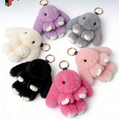 POKOJA LAND 1 Pack Bunny Keychain Soft Fluffy Rabbit Keychain Cute Colorful Rabbit Fur Pom Pom Rings Women Pendant Accessories Cute Birthday Gift For Women/Girls, Premium Faux Fur Keyring