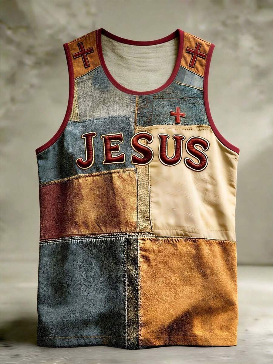 Manfinity Dauomo Men's Artistic Retro Patchwork Print Top, Vibrant Colors, Comfortable Wear, Jesus Cross Faith Pattern Comfortable Crew Neck Tank Top Suitable For Everyday - Multicolor - View 1
