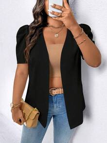 Elenzga Plus Size Women's Solid Color Short Puff Sleeve Casual Minimalist Lightweight Blazer - Black - View 7