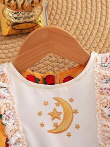 SHEIN Middle Eastern Style Puff Sleeve A-Line Burgundy Rose Star & Moon Print Lace Trim Dress - Yellow - View 3