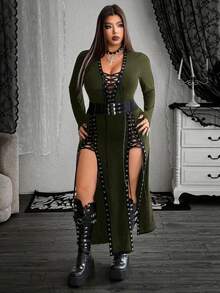 Whyspr 大码女式深V领系带长袖连衣裙，秋冬款 - 軍綠色 - 查看 7