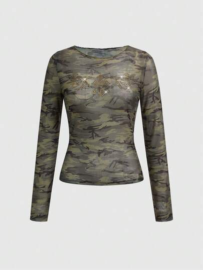 Grunge Punk Y2K Retro Camouflage Mesh Cross Wing Strass verzierte figurbetonende Langarm Bluse für Frauen