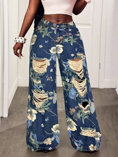 Slaydiva Jeans rectos con presillas para el cinturón y efecto desgastado vintage para tallas grandes