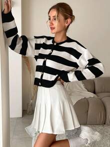 EURMUSE Striped Pattern Drop Shoulder Cardigan - Beige - View 4