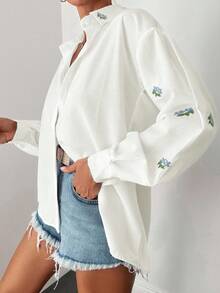 EURMUSE Cotton Floral Embroidery Drop Shoulder Shirt - White - View 4