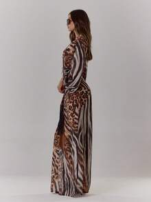 MUSERA Deep V Neck Loose Fit Tassel Detail Zebra Print Elegant Long Sleeved Maxi Dress For Spring Summer Vacation Wedding Guest Ibiza Holiday Festival  Long Dress - Multicolor - View 4