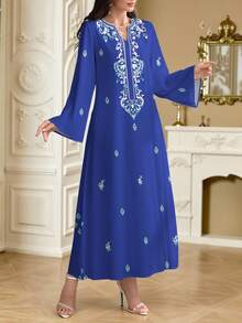 SHEIN Najma Đầm dài tay cổ chữ V in hoa kiểu Ả Rập thanh lịch dành cho nữ, thích hợp cho mùa xuân/thu. - Nhiều màu - Xem 4