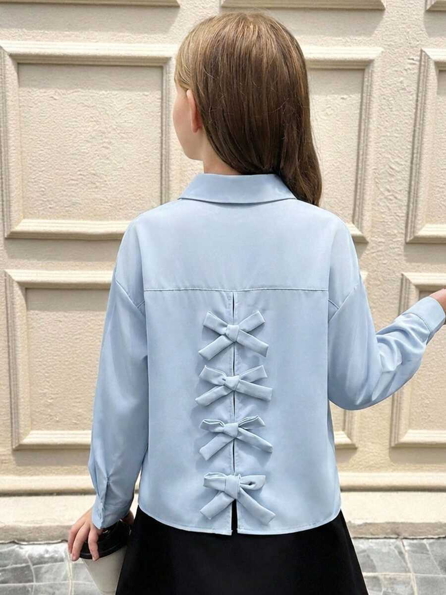 SHEIN Tween Girls' Casual Fashionable Versatile Woven Solid Color Back Slit Bow Decor Turndown Collar Long Sleeve Fitted Blouse, Back To School - Baby Blue - View 1