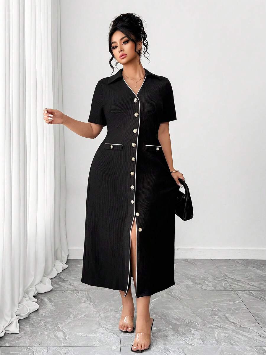 SHEIN Elenzya 大码纹理面料撞色针织条纹设计连衣裙 - 黑色 - 查看 1