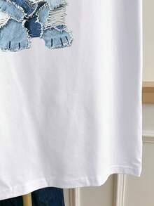 Resyla 女士休闲狗狗印花条纹拼接圆领短袖T恤，夏季