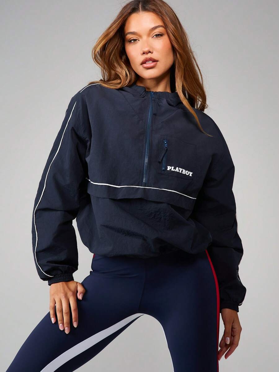 Missguided x Playboy Áo khoác gió có mũ trùm đầu và khóa kéo nửa phía trước cho các hoạt động ngoài trời thường ngày - Màu xanh lam - Xem 1