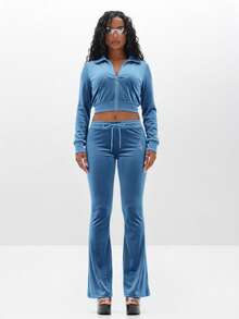 BABYPHAT Velour Track Jacket With Rhinestone Script Logo And Full Zip Front For Casual Loungewear - Baby Blue - View 3