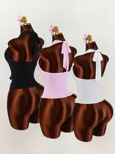 Amplova Blusa de cuello halter de unicolor y minimalista con volantes, para uso diario