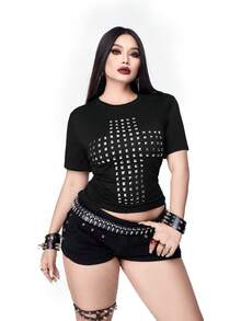 Whyspr Y2K朋克哥特性感十字架图案水钻装饰圆领女款T恤 - 黑色 - 查看 4