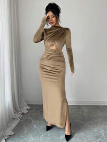 Rafferiza Vestido elegante y sexy para mujer, de manga larga, cuello alto, ajustado, de tela de terciopelo con abertura lateral, color azul profundo, para otoño/invierno - Caqui - Ver 3