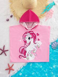 SHEIN Babygirl's Cute And Casual Pink Cartoon Pattern Hooded Loose Swimsuit Cover-Up