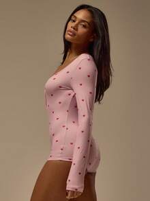 MUSERA ESSENTIALS Pink Heart All Over Print Button Down Fitted Long Sleeve Mini Short Romper Valentines Sexy Lingerie Date Cute Evening Essential