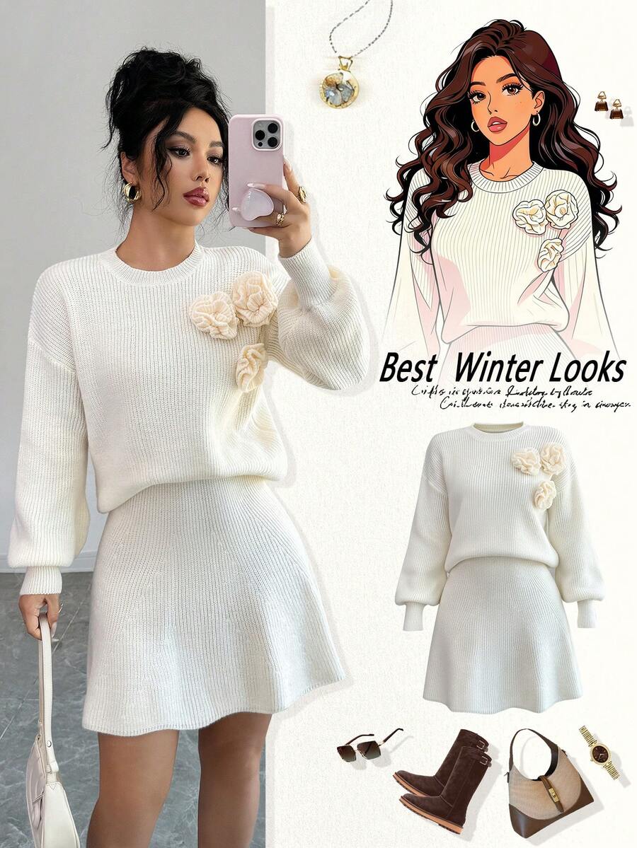 SHEIN Elenzya Women's Elegant Round Neck Handmade Floral Decor Top And Pleated A-Line Skirt 2 Pieces Knit Set, Autumn - Apricot - View 1