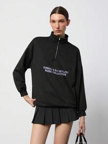 SURIMA Stylish 's Half Placket Zipper Detail Sweatshirt With Letter Pattern Stand Collar And Long Drop Shoulder Sleeves - Black - View 2