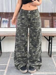 Rivivi Women's Casual Everyday Street Camo Wide Leg Denim Cargo Pants - Army Green - View 3