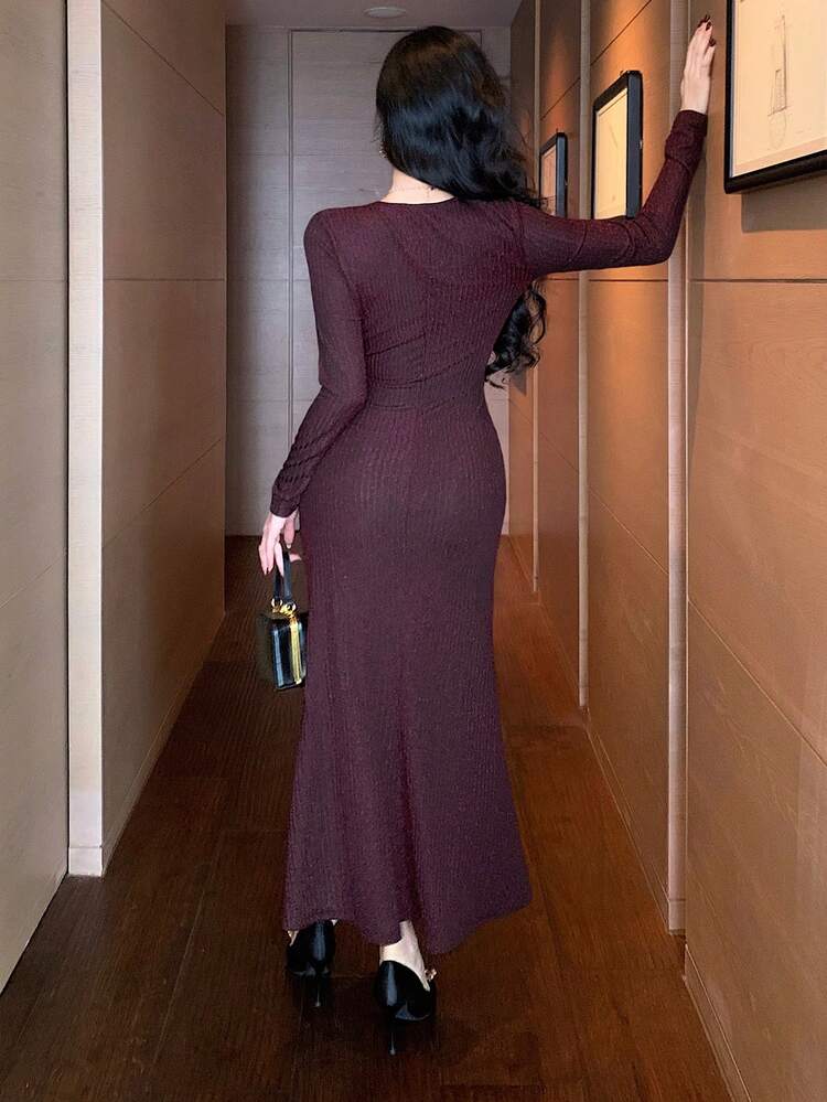 Women's Elegant V-Neck Asymmetric Ruched Long Dress, Spring/Summer Valentine's Day Maxi Dress