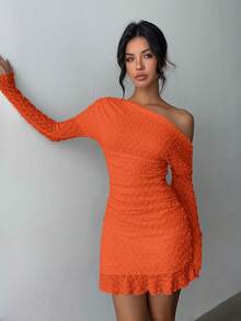 Aloruh Elegant Solid Color Slant Shoulder Dress, Casual & Party Wear - Orange - View 7