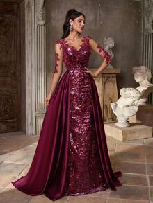 Aureia Elegant Black Beaded Sequin Patchwork Satin Sheer Long Sleeve V-Neck Fishtail Maxi Dress With Flowing Train,Perfect For Formal Weddings,Parties,Galas - Burgundy - View 5