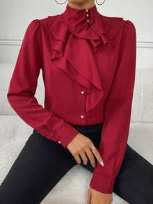 Firerie Blusa de mujer con cuello de jabot y mangas abullonadas, de unicolor, adecuada para el trabajo y el transporte, primavera/otoño - Rojo - Ver 6