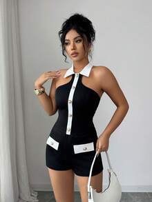 Elenzga Conjunto de 2 piezas de mujer para vacaciones elegantes, top sin espalda de punto negro y blanco con hebilla metálica sin mangas + shorts, para primavera/verano - Negro - Ver 5