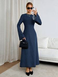 Siren Gaze 女士纯色休闲长袖牛仔连衣裙 - 深色水洗藍 - 查看 6