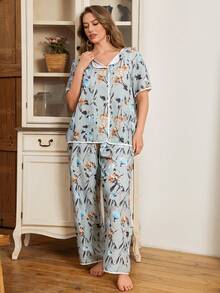 Serenescape Plus Size Floral Print Woven Cardigan Short Sleeve Pajama Set, Suitable For Home Wear, Spring/Summer Pajama Sets For Women Summer Button Up Pajama Set Floral Pj Set - Green - View 6
