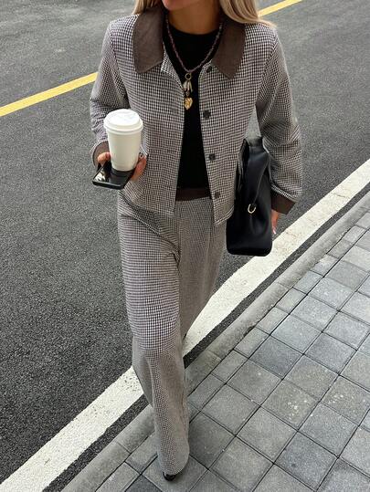 Livesso 2pcs Women Plaid Collar Top And Casual Pants Set, Winter